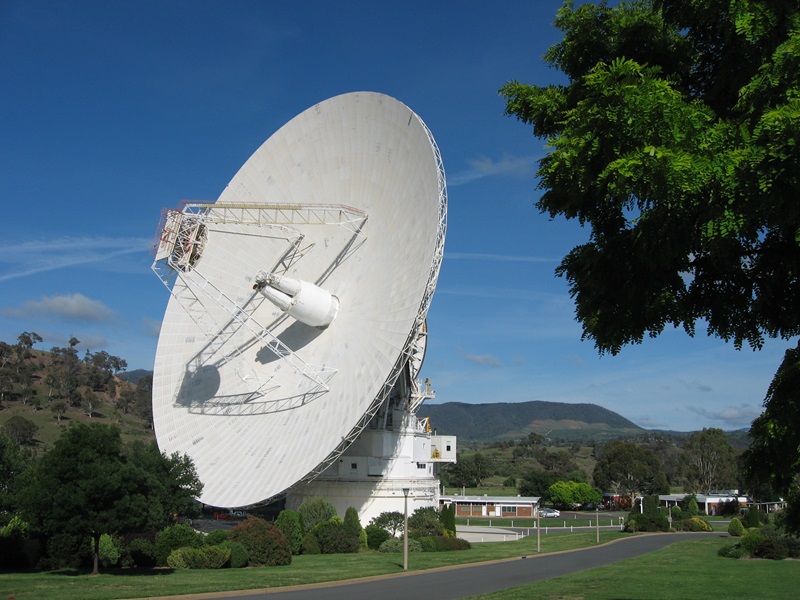 Side view of the 70-metre diameter antenna on the grounds of the Canberra Deep Space Communication Complex.