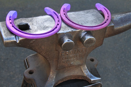 Two purple titanium horsehoes sitting on an anvil.