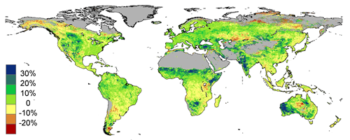 Satellite data showing the per cent amount that foliage cover has changed around the world from 1982 to 2010.