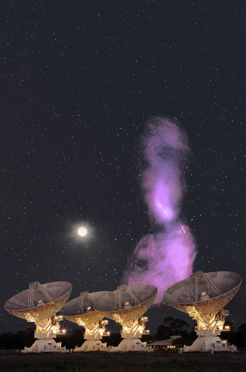 Four telescopes with a long purple looking cloud in the background