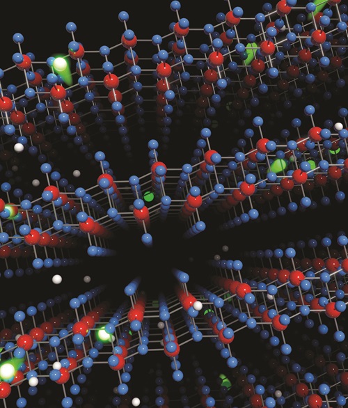 Artist impression of high carrier mobility through layered molybdenum oxide crystal lattice.