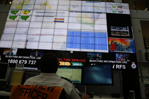 NSW RFS control centre during the recent NSW Fires. CSIRO'S ESA tool can be seen in the botton left hand corner.