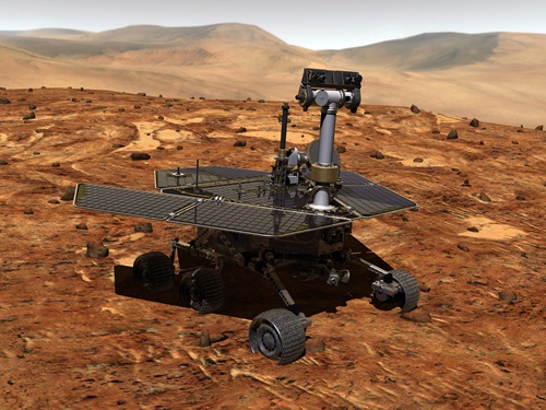 An artist's concept portrays a NASA Mars Exploration Rover (Opportunity) on the surface of Mars.