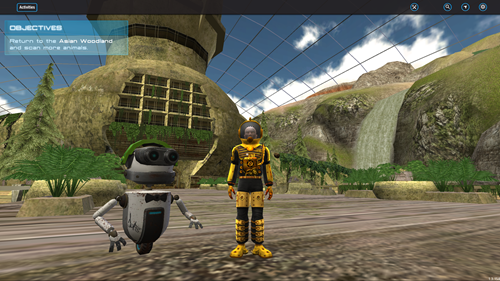 Lawrence is a robot helper that accompanies students on their quests throughout the 3D world of IntoScience.
