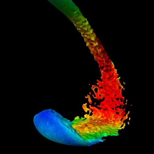 Simulated liquid flow with velocity magnitude information mapped onto meshed surface.