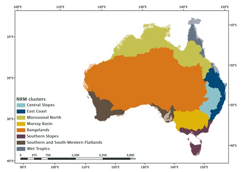 Map of Australia overlaid with blocks of colour which indicate natural resource management clusters.
