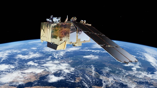 Visualisation of Sentinel-2 satellite in space in orbit above the earth.