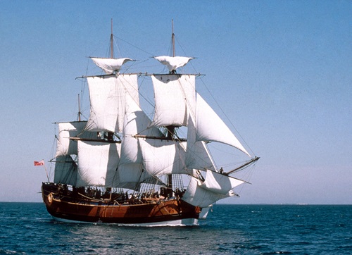 The HMB Endeavour replica at sea