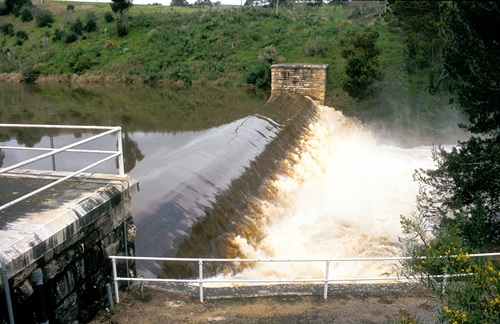Flood waters surge over the Clarendon Weir in the Adelaide Hills, South Australia.