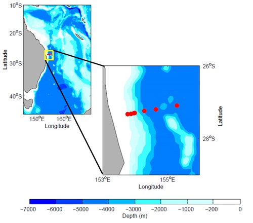 Partial map with inset showing the locations of the moorings to be deployed for monitoring the East Australian Current.