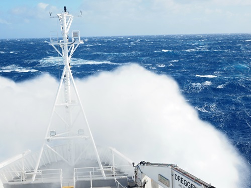Wave crashing over the front of the RV Investigator as it moves through the Southern Ocean.