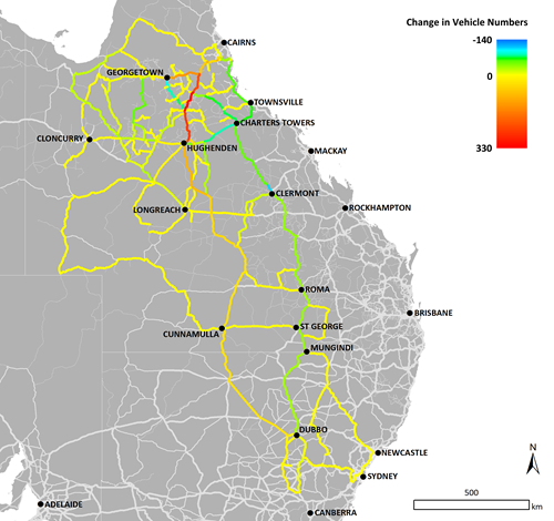 Map of east coast of Australia  showing how TRANSIT has modelled a 105 km section of the Hann Highway north of Hughenden.