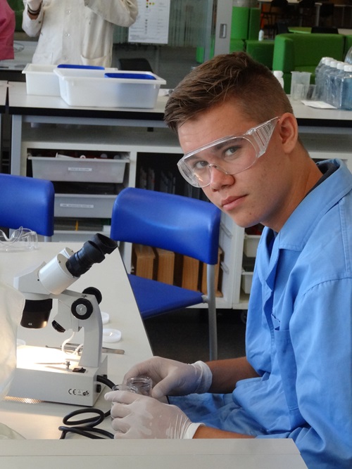 Student sitting at a lab bench in front of a microscope. 