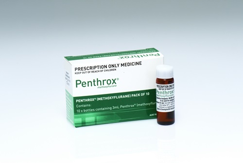 A box Penthrox with one of the vials sitting in front.