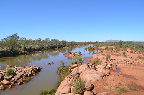 Section of the Ashburton River, with river on the left of shot with vegetation along the far bank and bare, rocky bank on the right.