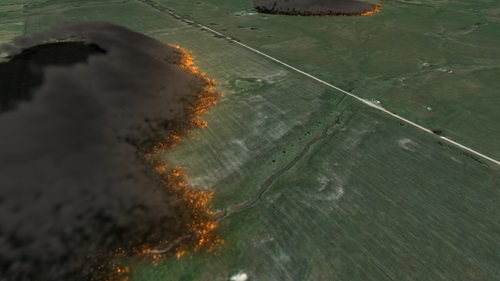 Screen shot of a real-time simulation of fire ovelaid on the ground.