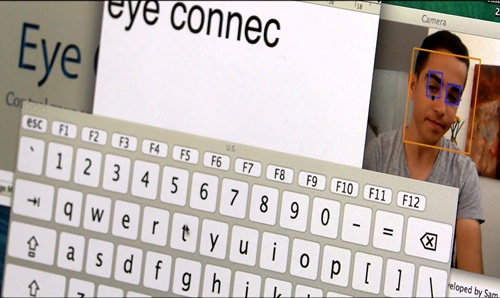Screen shot of Eye Connect program showing on-screen keyboard and a persons face in the background with the software recognition elements around face and eyes.