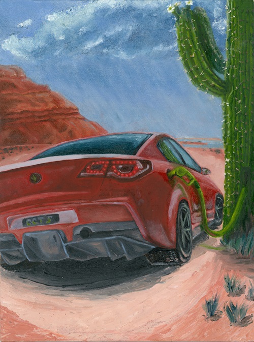 Illustration of red sedan being fuelled from a cactus plant in a desert landscape
