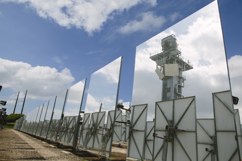 Heliostat mirrors and tower.