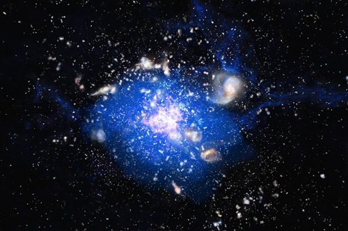 An artist’s impression of the Spiderweb galaxy sitting in a cloud of cold blue gas.
