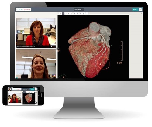 Screen shot of Data61's Coviu audio-video platform showing on a computer screen and a mobile phone.