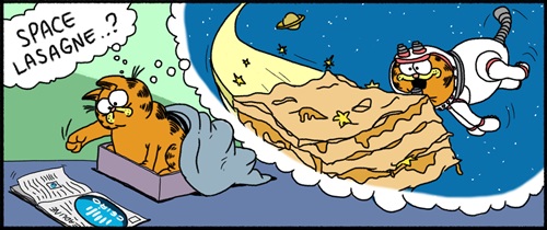 Illustartion of Garfield the cat considering the idea of lasagne in space.