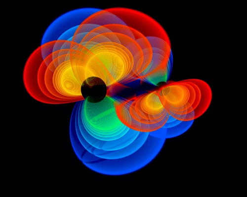 A simulation of black holes merging.