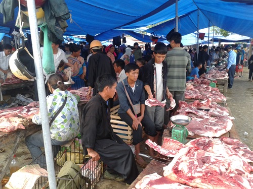 Hmong butchers sitting at market stalls with meat from the indigenous Hmong black pig laid out on tables for sale.