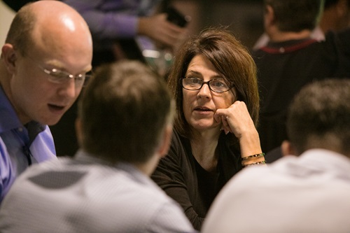 People listening to a presentation. 