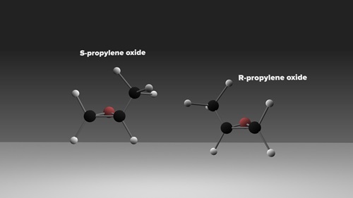 Model of the structure of versions of the chiral molecule propylene oxide.