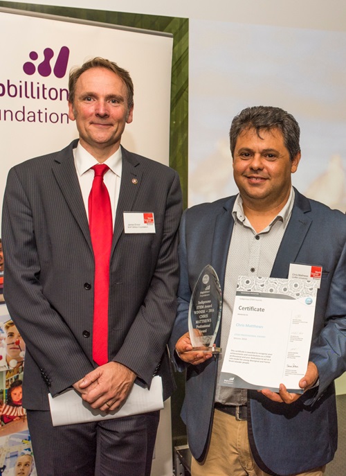 2016 Indigenous STEM Professional Award winner Dr Chris Matthews with James Ensor (Chief Executive Officer, BHP Billiton Foundation)