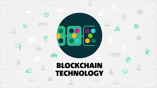 Decorative image showing the words Blockchain Technology overlaid on a variety of icons. 