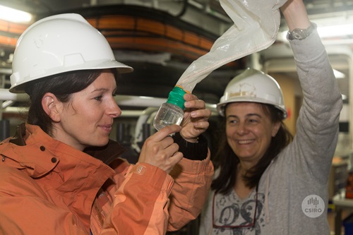 Leanne Armand supervises students looking at a jar of plankton durning sampling.