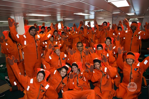 Students in immersion survival suits.
