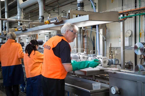Scientists wearing protective glasses and hi-vis vests working with factory equipment.
