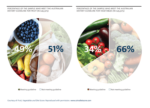 Shaded pie chart showing a breakdown of the percentage of participants who meet the Australian guidelines for fruit (49 per cent met; 51 per cent not met) and vegetables (34 per cent met; 66 per cent not met). 