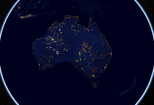 Terria screen shot showing a satellite image of the earth at night with the focus on Australia. 