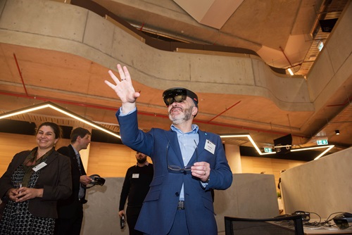 Person wearing hololens during a demonstration at CSIRO's Synergy building.