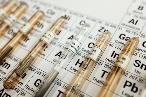 Photon assay tubes of x-ray gold analysis lined up across a copy of the periodic table.