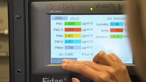 Close up of the screen of air quality monitoring equipment being used by a scientist. 