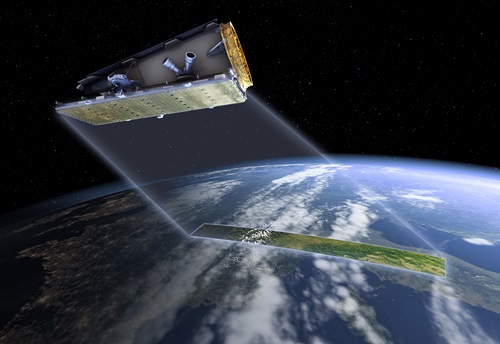 Artists impression of NovaSAR satellite scanning earth from space.