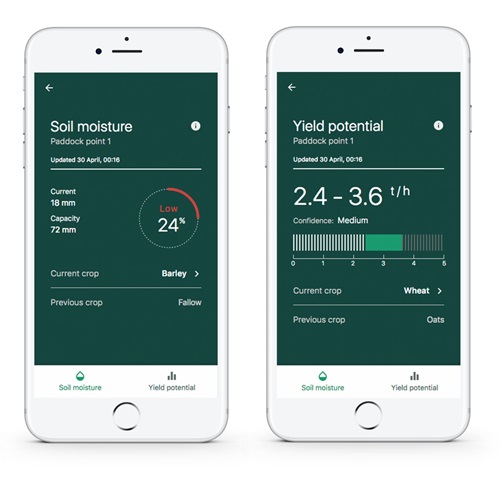 Two phones sitting side by side showing the graincast app, one showing detial for soil moisture and the other showing yeild potential. 