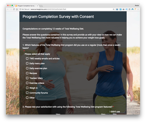 Screen shot of the online survey for the end of the 12 weeks Total Wellbeing Diet program. 