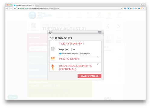 Screen shot of the Total Wellbeing Diet weigh-in screen.