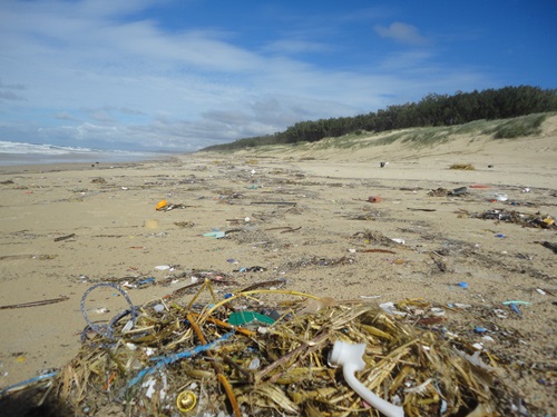 A mixture of plastic and pumice stone is pushed onto the back beach of North Stradbroke Island after strong winds