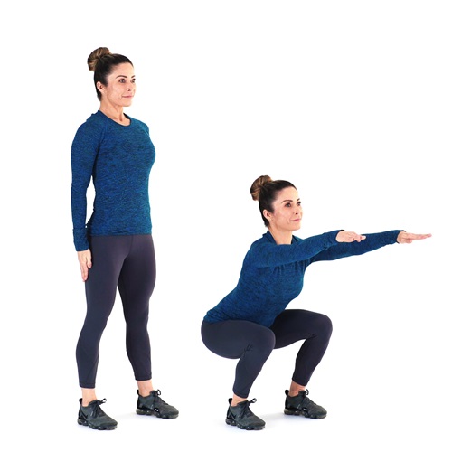 Two step photo of person performing a squatting exercise. 
