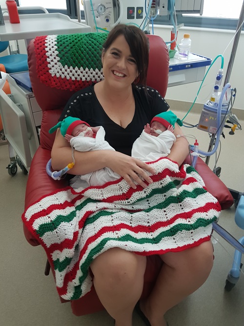 Trial participant Samantha Hayden, with her pre-term twins Zachary and Sebastian