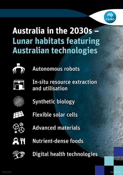Snapshot of detail from the space roadmap including the following heading: Australia in the 2030s – Lunar Habitats featuring Australian Technologies; and followed by dot points including Autonomous robots; In-situ resource extraction and utilisation; Synthetic biology; Flexible solar cells; Advanced materials; Nutrient-dense foods; Digital health technologies.