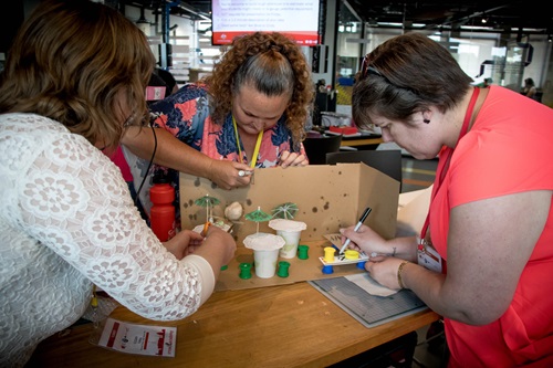 Susan Fahey from WA, Trudy Spargo from NSW and Kerensa Greenfield from SA collaborate on an activity at Questacon’s Makerspace in Deakin.