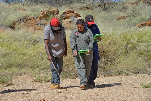 Three people holding a device as they walk through grassland